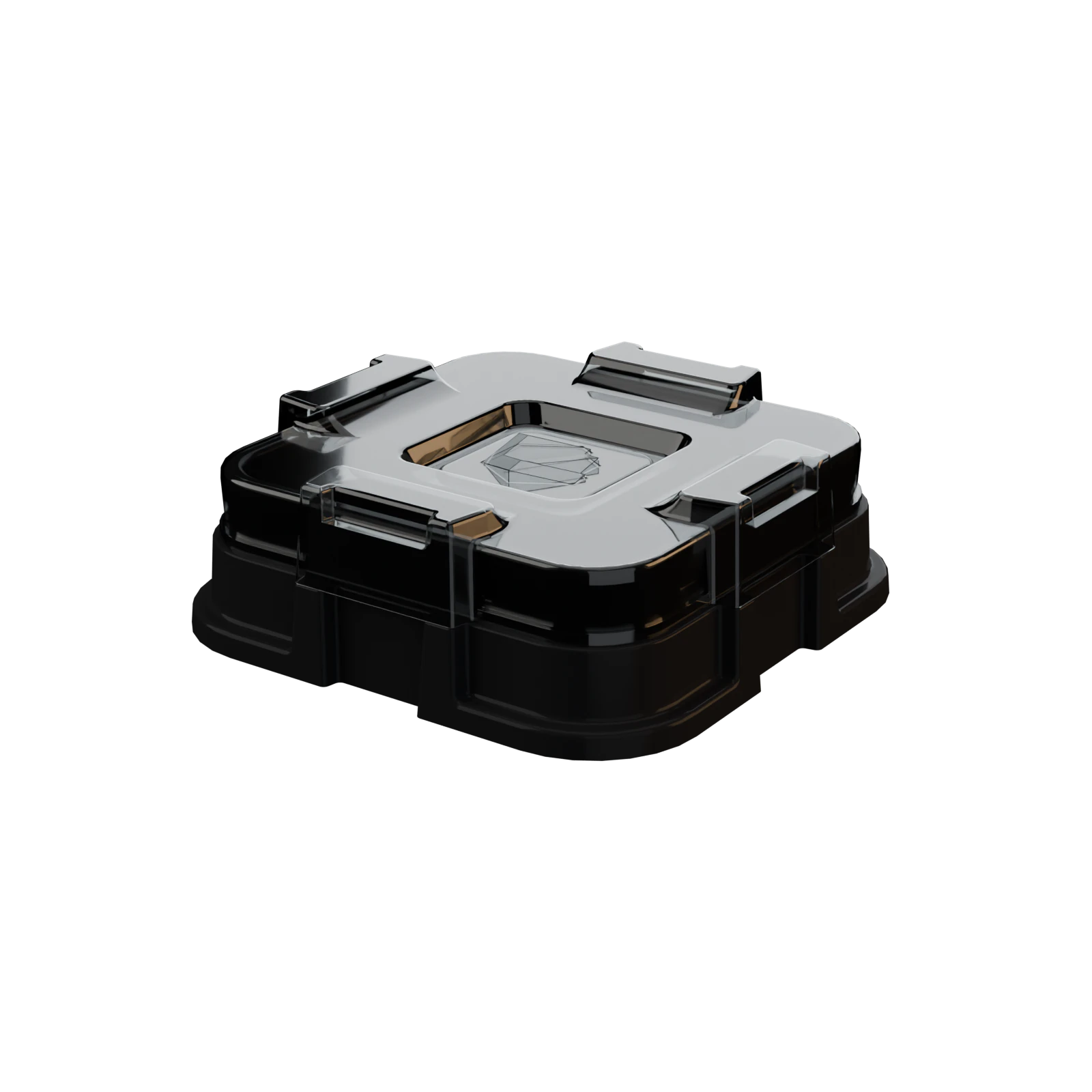 Blackform signature insert tray with a clear lid and the Blackform mark, rendered from the production CAD